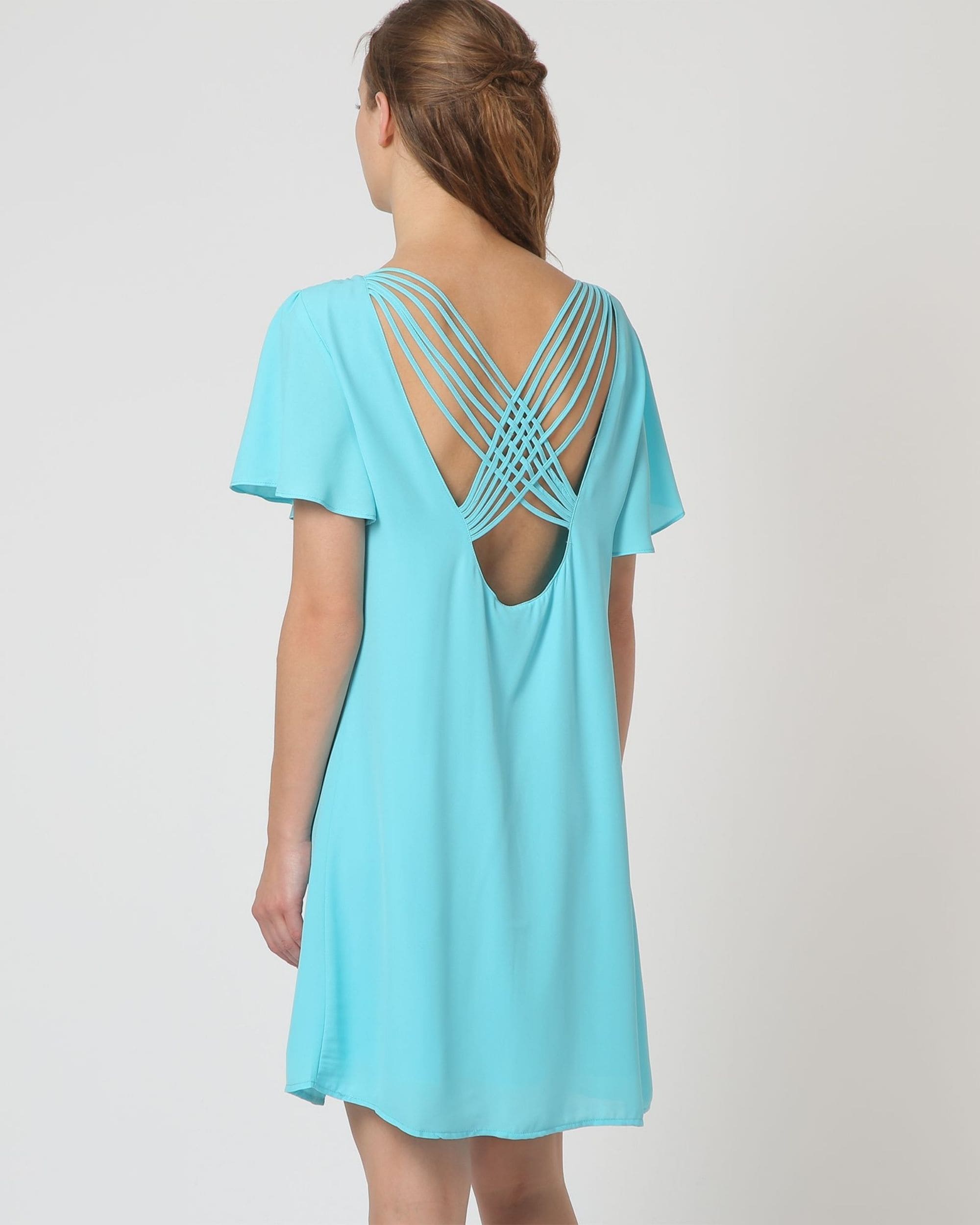 Vestido mujer gasa liso dress outfit modelo manga mariposa escote redondo forro interior detalle tiras espalda azul celeste talla 38 elegante cómodo versátil ideal eventos casuales y verano ✅Entrega 24/48h