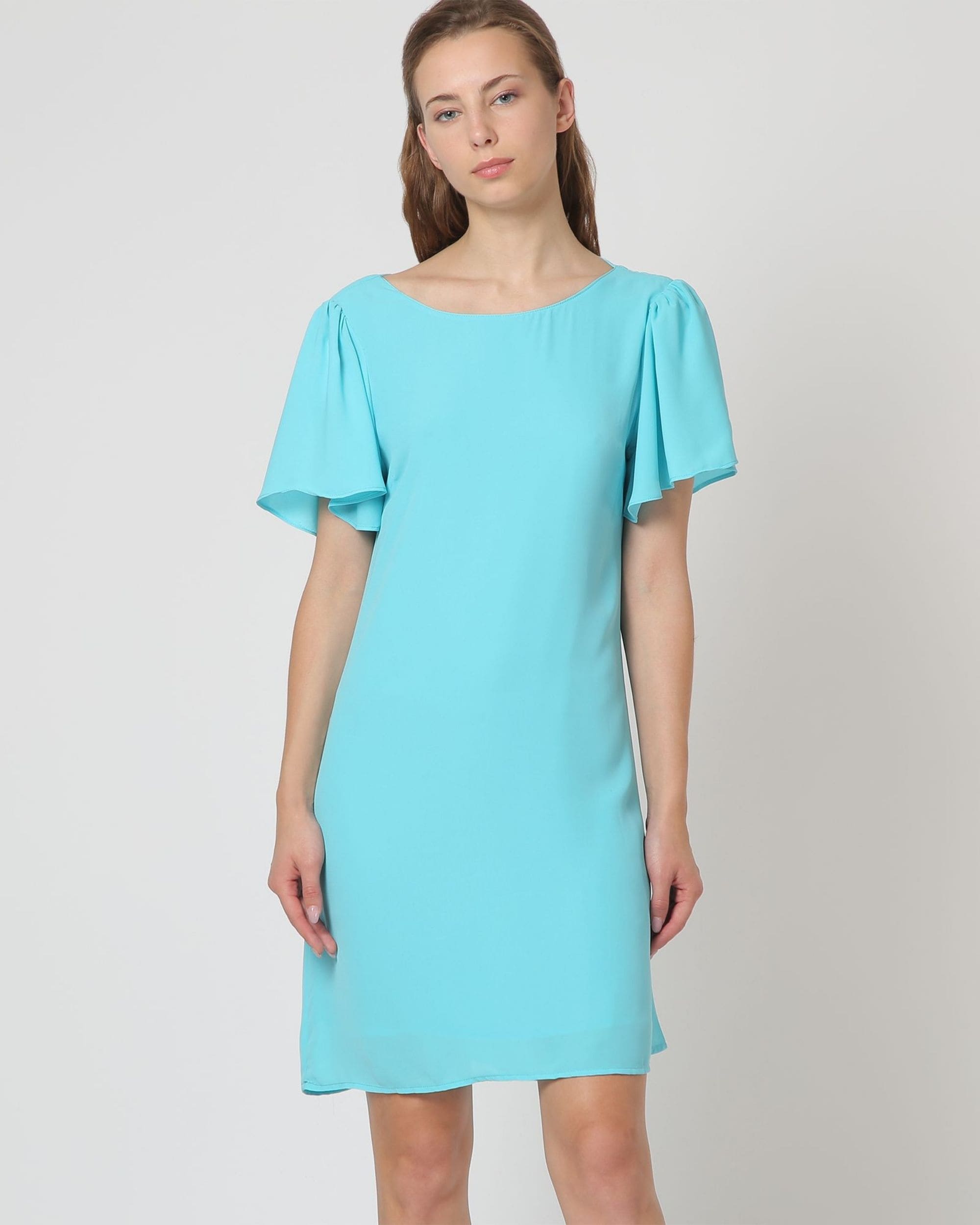 Vestido mujer gasa liso dress outfit modelo manga mariposa escote redondo forro interior detalle tiras espalda azul celeste talla 38 elegante cómodo versátil ideal eventos casuales y verano ✅Entrega 24/48h