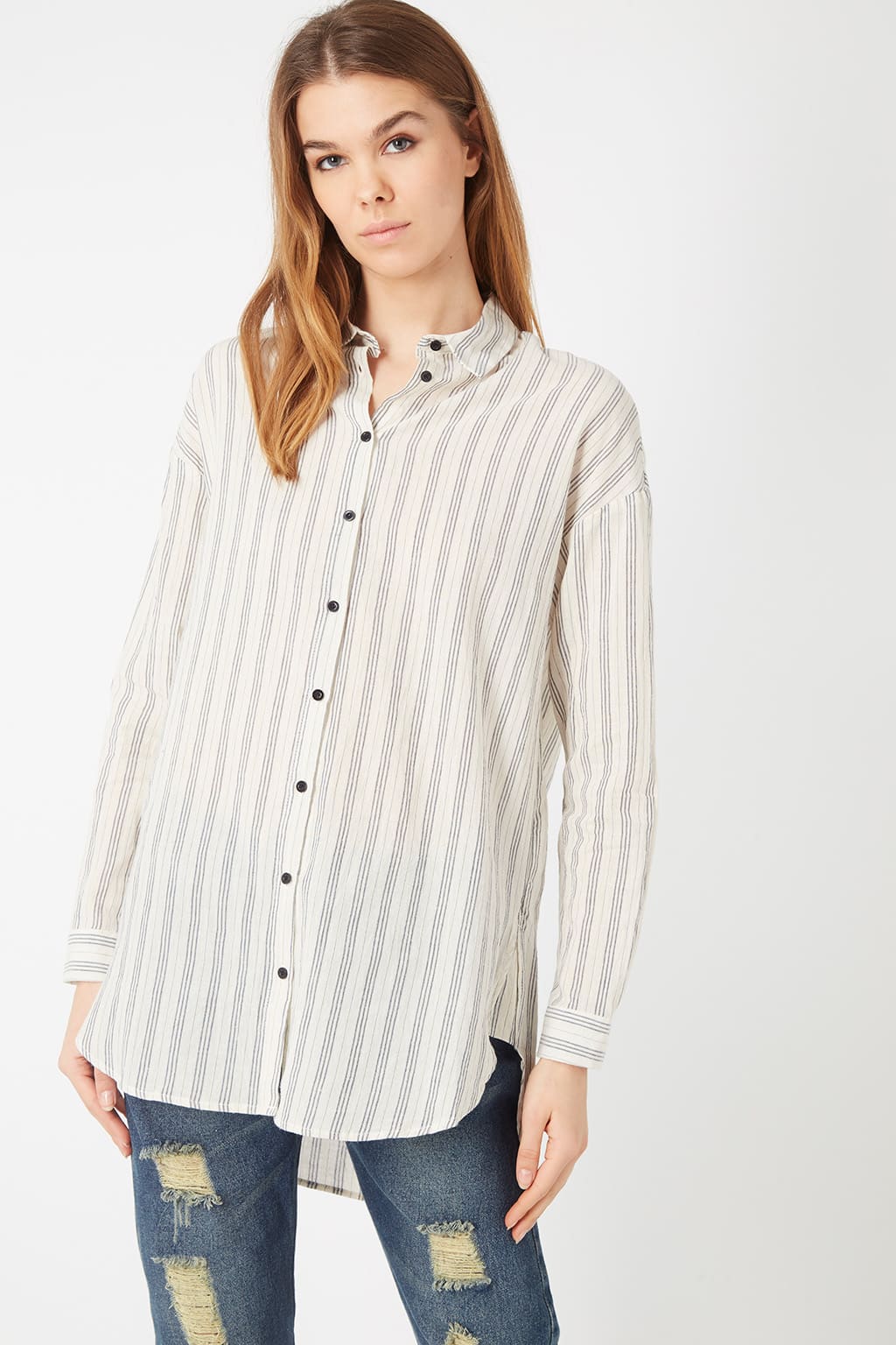 Camisa blusa mujer rayas algodón manga larga corte recto bajo redondeado botones cuello clásico casual ligera cómoda elegante blanco talla 38 ✅Entrega 24/48h