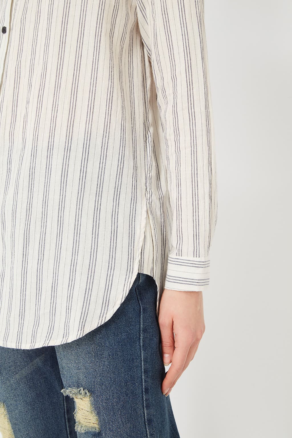 Camisa blusa mujer rayas algodón manga larga corte recto bajo redondeado botones cuello clásico casual ligera cómoda elegante blanco talla 38 ✅Entrega 24/48h