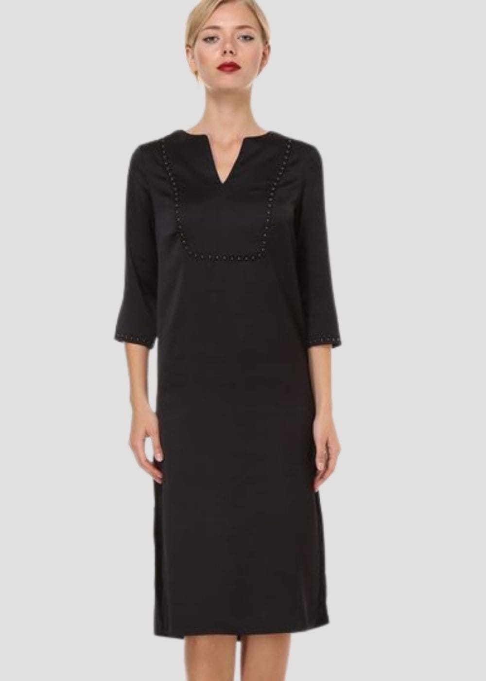 Vestido midi mujer, dress elegante lino poliéster, diseño clásico minimalista, escote V, manga tres cuartos, talla 38, negro, ideal oficina eventos, cómodo versátil fácil combinar, otros tonos disponibles ✅Entrega 24/48h