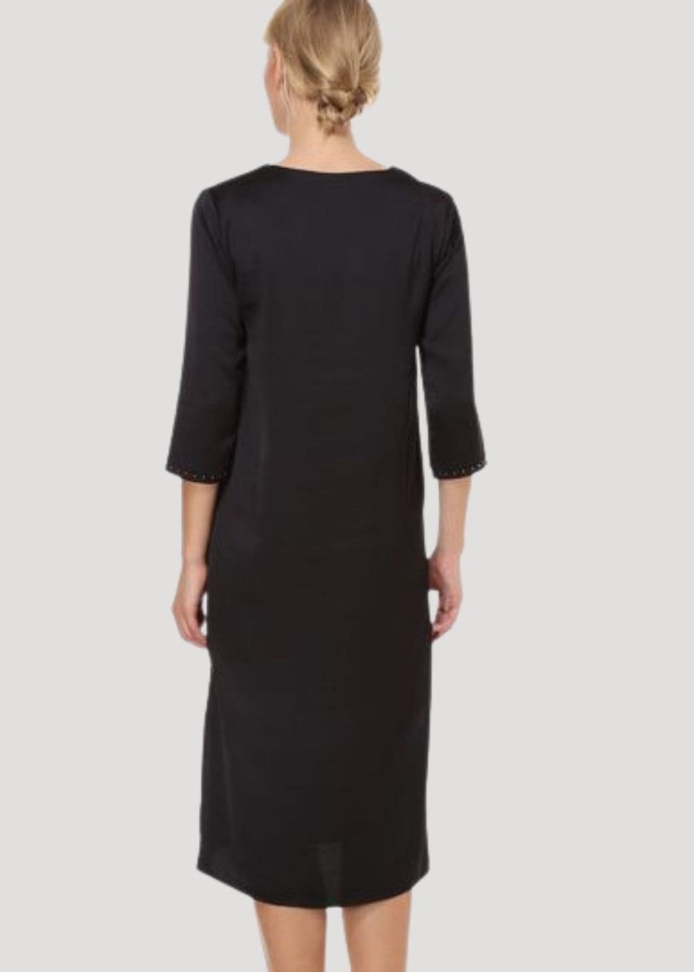 Vestido midi mujer, dress elegante lino poliéster, diseño clásico minimalista, escote V, manga tres cuartos, talla 38, negro, ideal oficina eventos, cómodo versátil fácil combinar, otros tonos disponibles ✅Entrega 24/48h