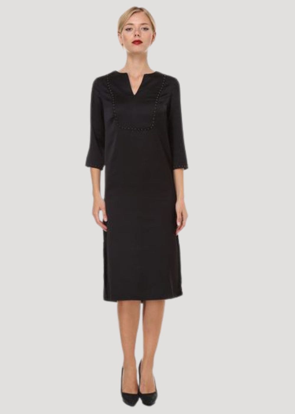 Vestido midi mujer, dress elegante lino poliéster, diseño clásico minimalista, escote V, manga tres cuartos, talla 38, negro, ideal oficina eventos, cómodo versátil fácil combinar, otros tonos disponibles ✅Entrega 24/48h