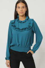 Blusa elegante manga larga mujer, volantes decorativos, cuello alto, puño abotonado, bajo elástico, tejido poliéster cómodo, color azul petróleo, talla 38, ideal oficina o diario, ✅Entrega 24/48h