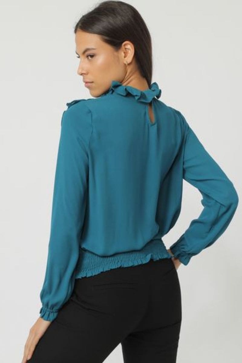 Blusa elegante manga larga mujer, volantes decorativos, cuello alto, puño abotonado, bajo elástico, tejido poliéster cómodo, color azul petróleo, talla 38, ideal oficina o diario, ✅Entrega 24/48h