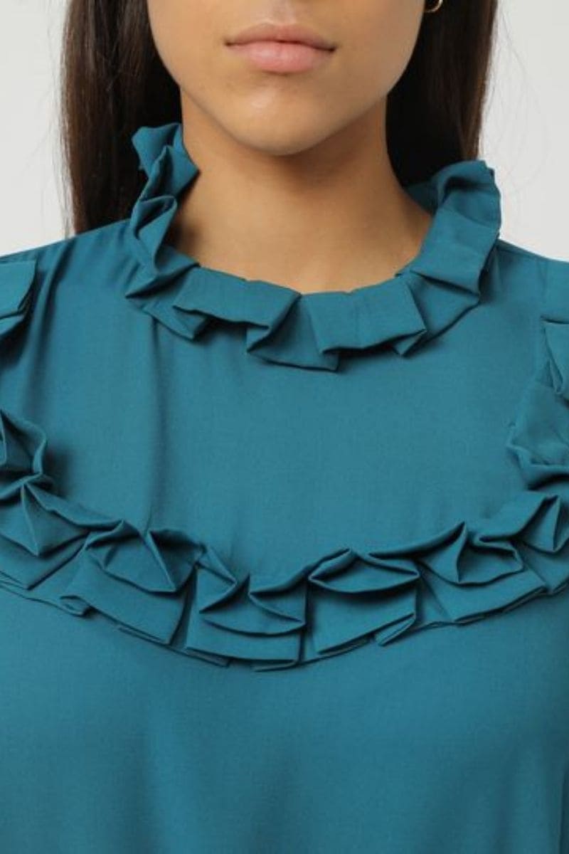Blusa elegante manga larga mujer, volantes decorativos, cuello alto, puño abotonado, bajo elástico, tejido poliéster cómodo, color azul petróleo, talla 38, ideal oficina o diario, ✅Entrega 24/48h