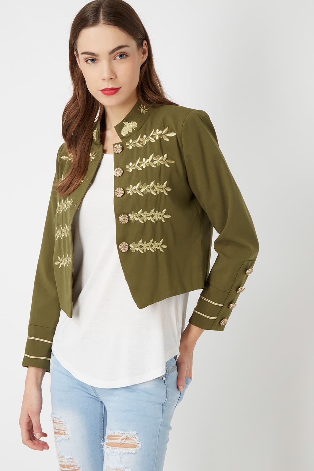 Chaqueta mujer fashion jacket militar bordada La Morena LA-260242 diseño liso cuello mao manga larga elegante confortable exclusiva color caqui talla 38 forro interior ✅Entrega 24/48h