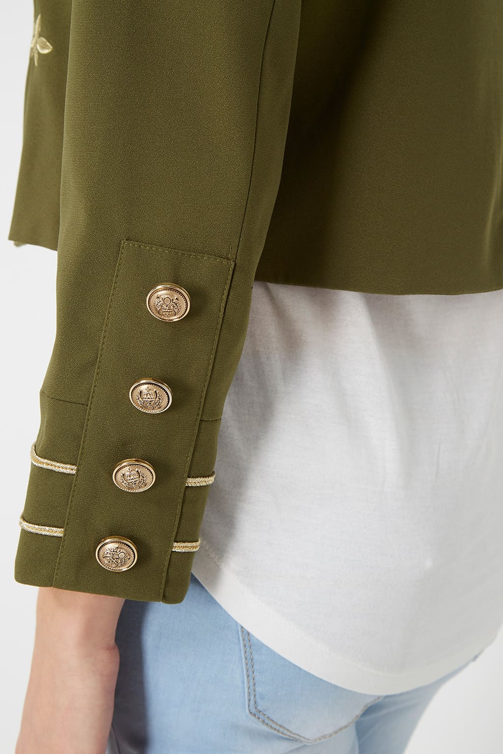 Chaqueta mujer fashion jacket militar bordada La Morena LA-260242 diseño liso cuello mao manga larga elegante confortable exclusiva color caqui talla 38 forro interior ✅Entrega 24/48h