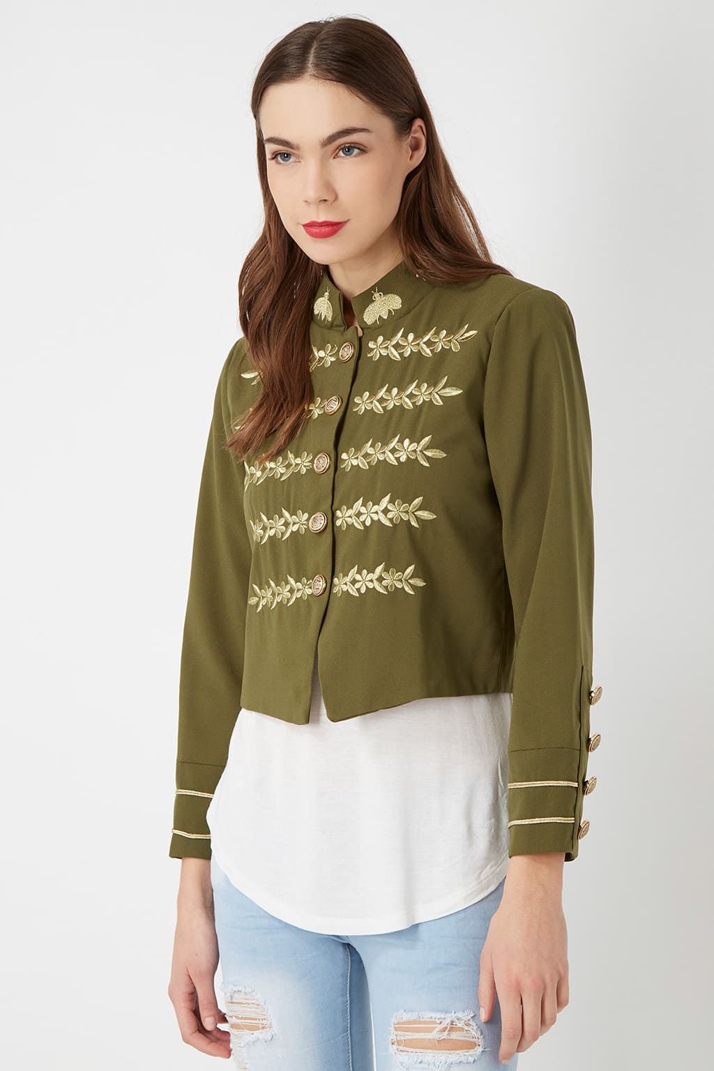 Chaqueta mujer fashion jacket militar bordada La Morena LA-260242 diseño liso cuello mao manga larga elegante confortable exclusiva color caqui talla 38 forro interior ✅Entrega 24/48h