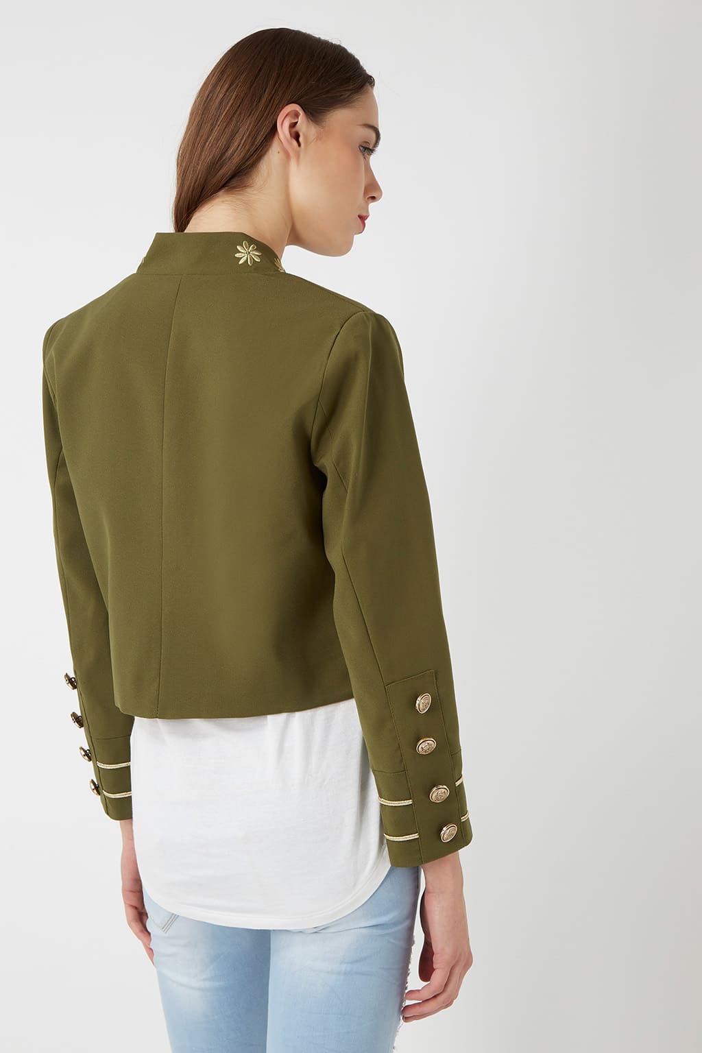 Chaqueta mujer fashion jacket militar bordada La Morena LA-260242 diseño liso cuello mao manga larga elegante confortable exclusiva color caqui talla 38 forro interior ✅Entrega 24/48h