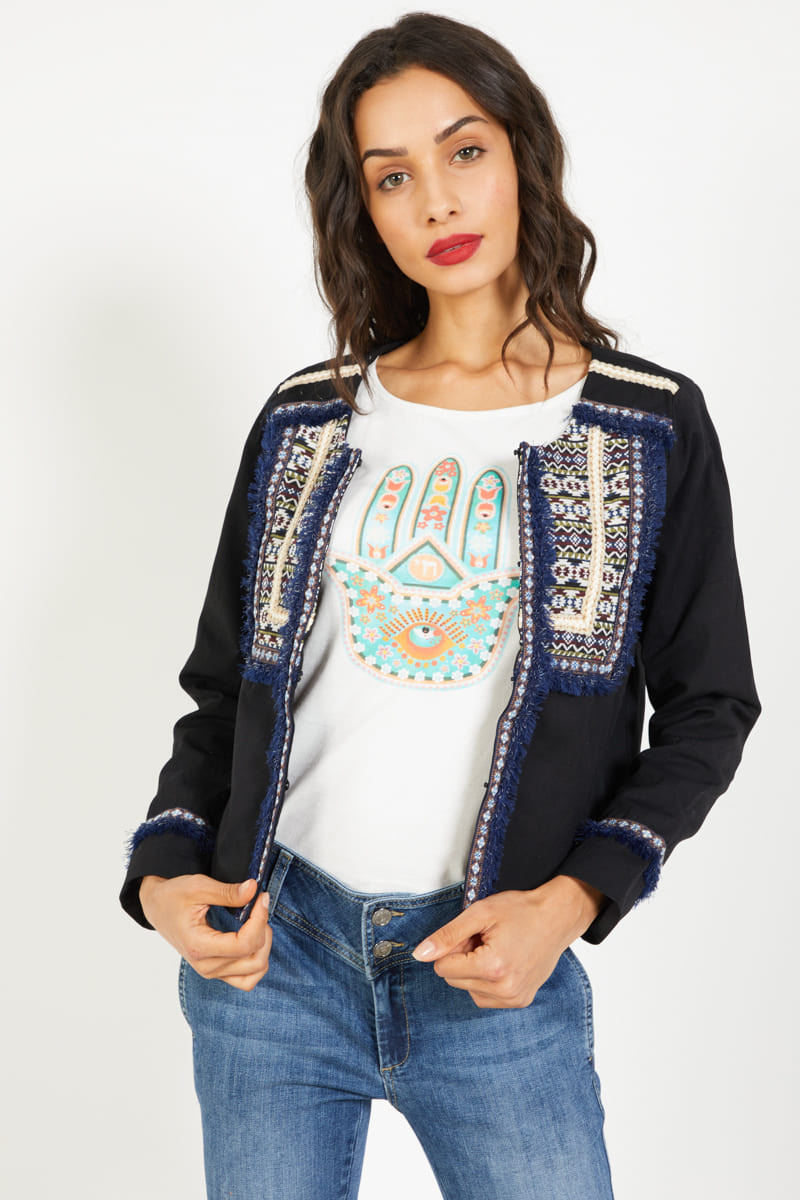 Chaqueta bordada mujer, chaqueta corta, diseño étnico, algodón suave, elegante, tendencia primavera, look urbano, colores negro azul crema, talla 38, sofisticada, versátil, ideal oficina y eventos ✅Entrega 24/48h