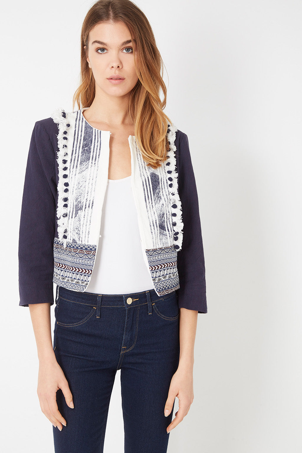 Chaqueta bohemia texturizada mujer, jacket bordados artesanales elegante, manga tres cuartos, corte corto, suave y cómoda, color azul marino, talla 38, ideal oficina urbano moderno ✅Entrega 24/48h