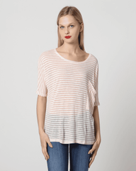 Blusa mujer holgada rayas, top casual, manga corta cuello redondo, tejido translúcido suave, diseño moderno, look versátil, talla 38, colores rosa claro y gris, cómoda y ligera ✅Entrega 24/48h