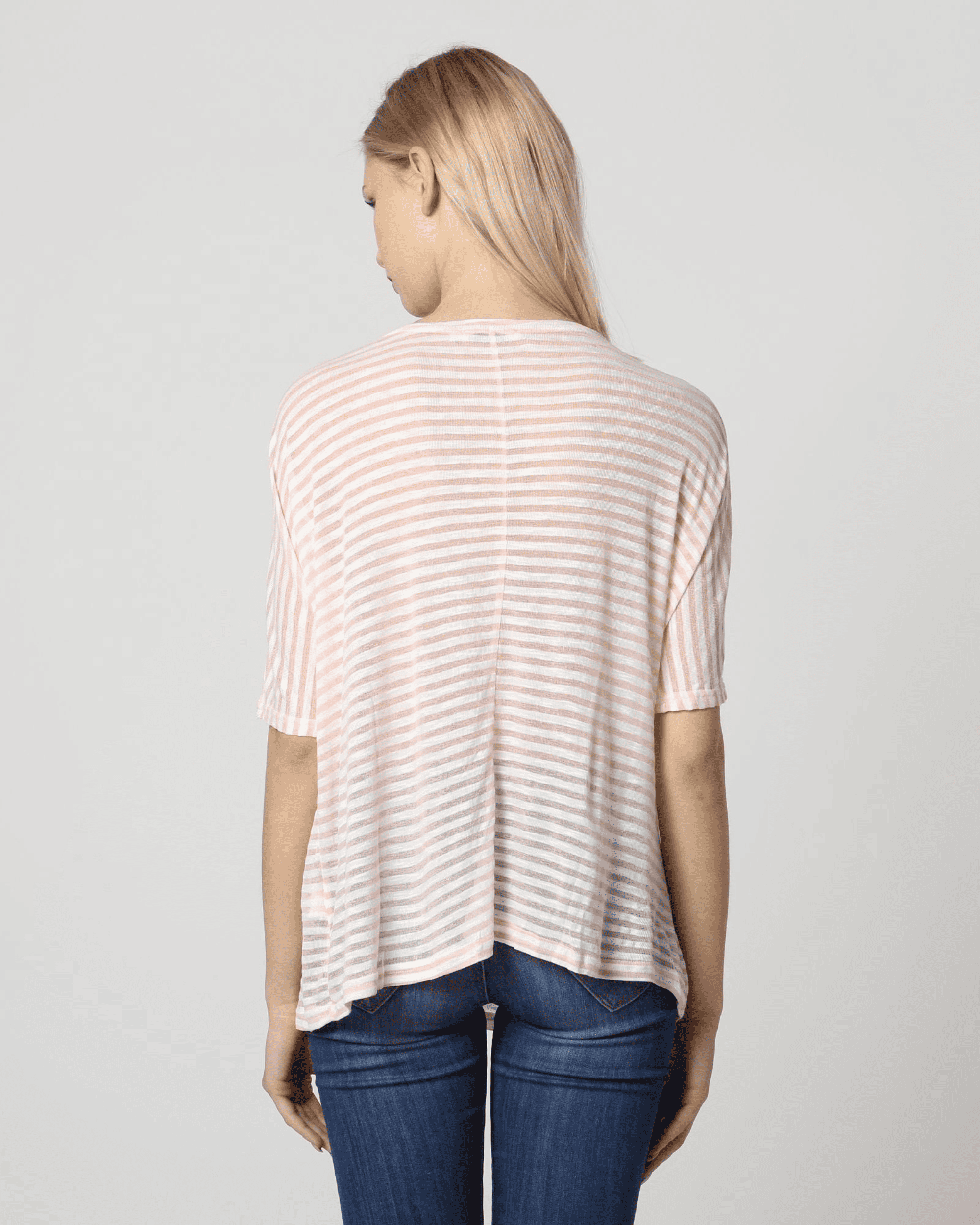 Blusa mujer holgada rayas, top casual, manga corta cuello redondo, tejido translúcido suave, diseño moderno, look versátil, talla 38, colores rosa claro y gris, cómoda y ligera ✅Entrega 24/48h