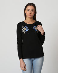 Blusa Mujer Manga Larga Bordado Floral Escote Redondo Tela Suave Elegante Casual Negra Talla 38 Moderna Versátil Look Diario Oficina Outfit Combinable Jeans Accesorios ✅Entrega 24/48h