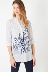 Blusa mujer, camisa larga, diseño bordado azul, manga larga, cuello pico, tejido algodón, cómoda, versátil, estilo casual, talla 38, look moderno, ideal oficina y diario, blanco, ✅Entrega 24/48h