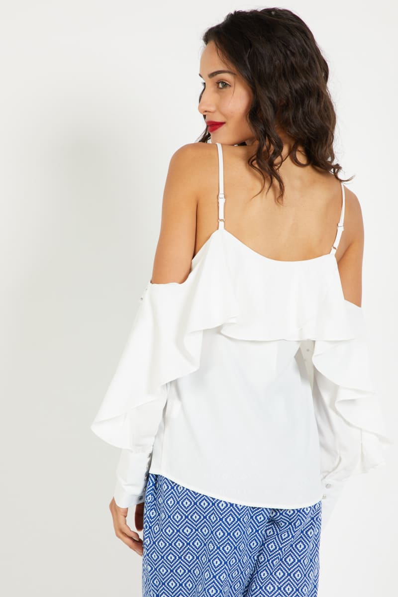 Blusa tirantes mujer hombros descubiertos elegante volantes strass brillo tejido ligero corte fluido ideal fiesta urbana talla 38 color blanco cómodo versátil fácil combinar ✅Entrega 24/48h