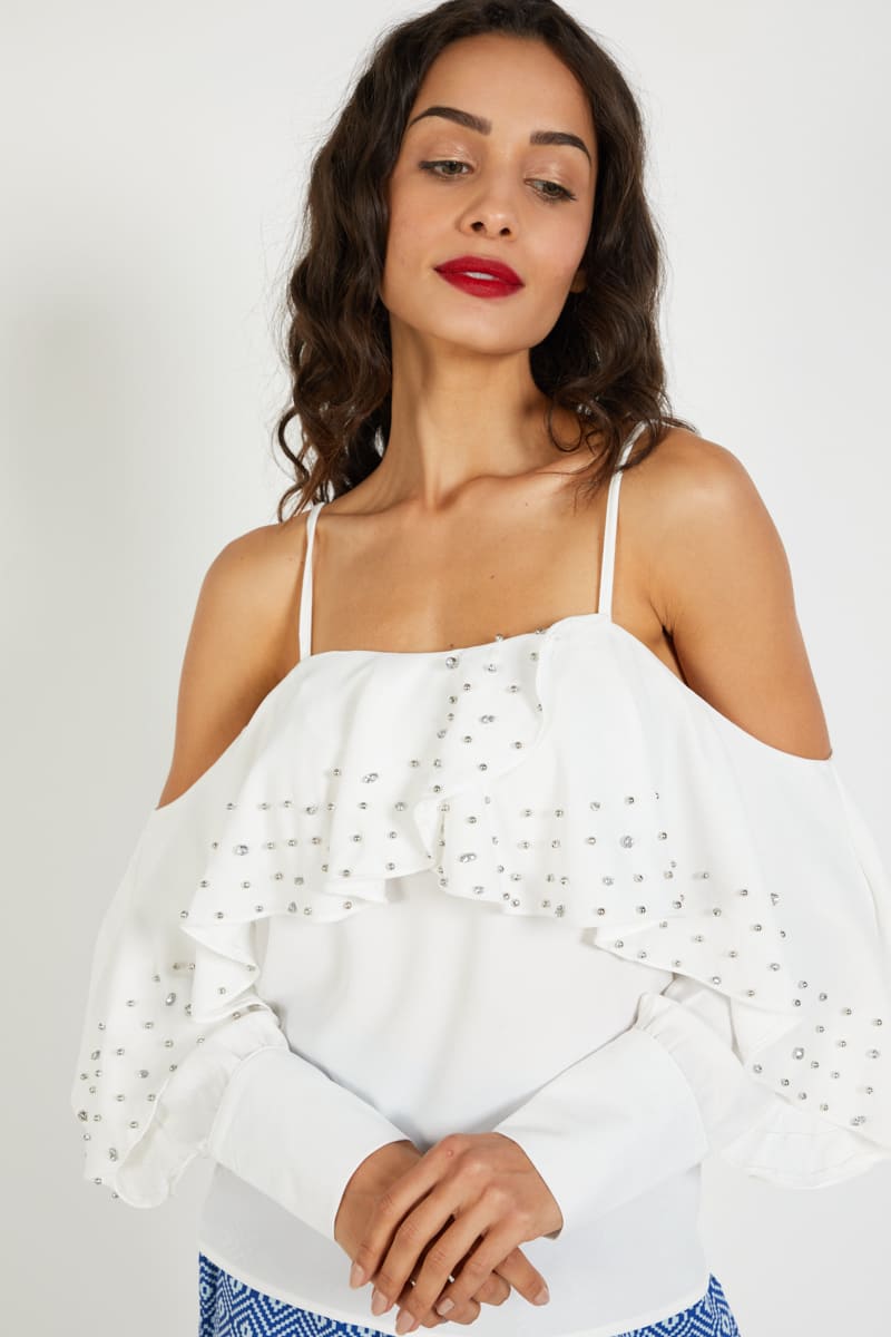 Blusa tirantes mujer hombros descubiertos elegante volantes strass brillo tejido ligero corte fluido ideal fiesta urbana talla 38 color blanco cómodo versátil fácil combinar ✅Entrega 24/48h