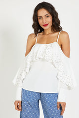 Blusa tirantes mujer hombros descubiertos elegante volantes strass brillo tejido ligero corte fluido ideal fiesta urbana talla 38 color blanco cómodo versátil fácil combinar ✅Entrega 24/48h