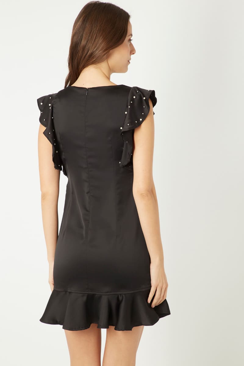 Vestido corto, dress elegante satinado, manga corta volante, escote abierto, adorno cuentas fantasía, cierre cremallera, talla 36, estilo moderno y cómodo, color negro, ideal eventos y fiesta ✅Entrega 24/48h