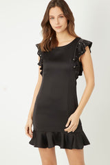 Vestido corto, dress elegante satinado, manga corta volante, escote abierto, adorno cuentas fantasía, cierre cremallera, talla 36, estilo moderno y cómodo, color negro, ideal eventos y fiesta ✅Entrega 24/48h