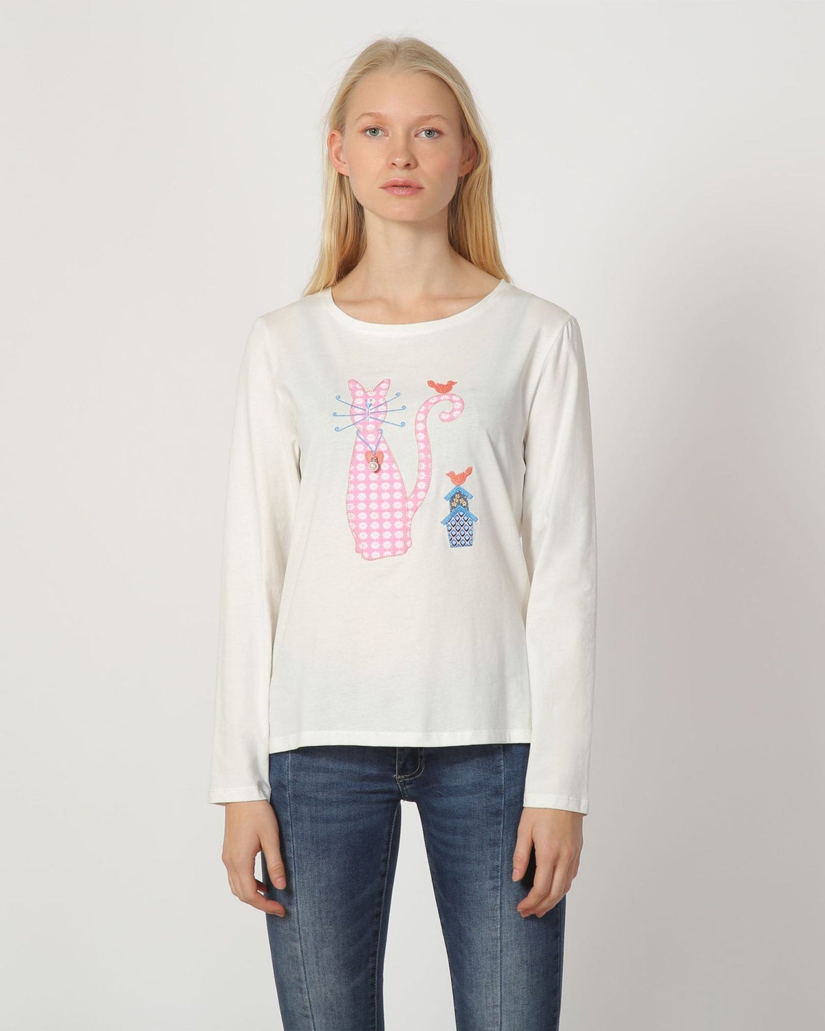 Camiseta mujer, t-shirt, top diseño bordado gatos, algodón suave, manga larga, cuello redondo, blanca, talla 38, detalle apliques original, cómoda, versátil, estilo casual, ideal entretiempo, ✅Entrega 24/48h