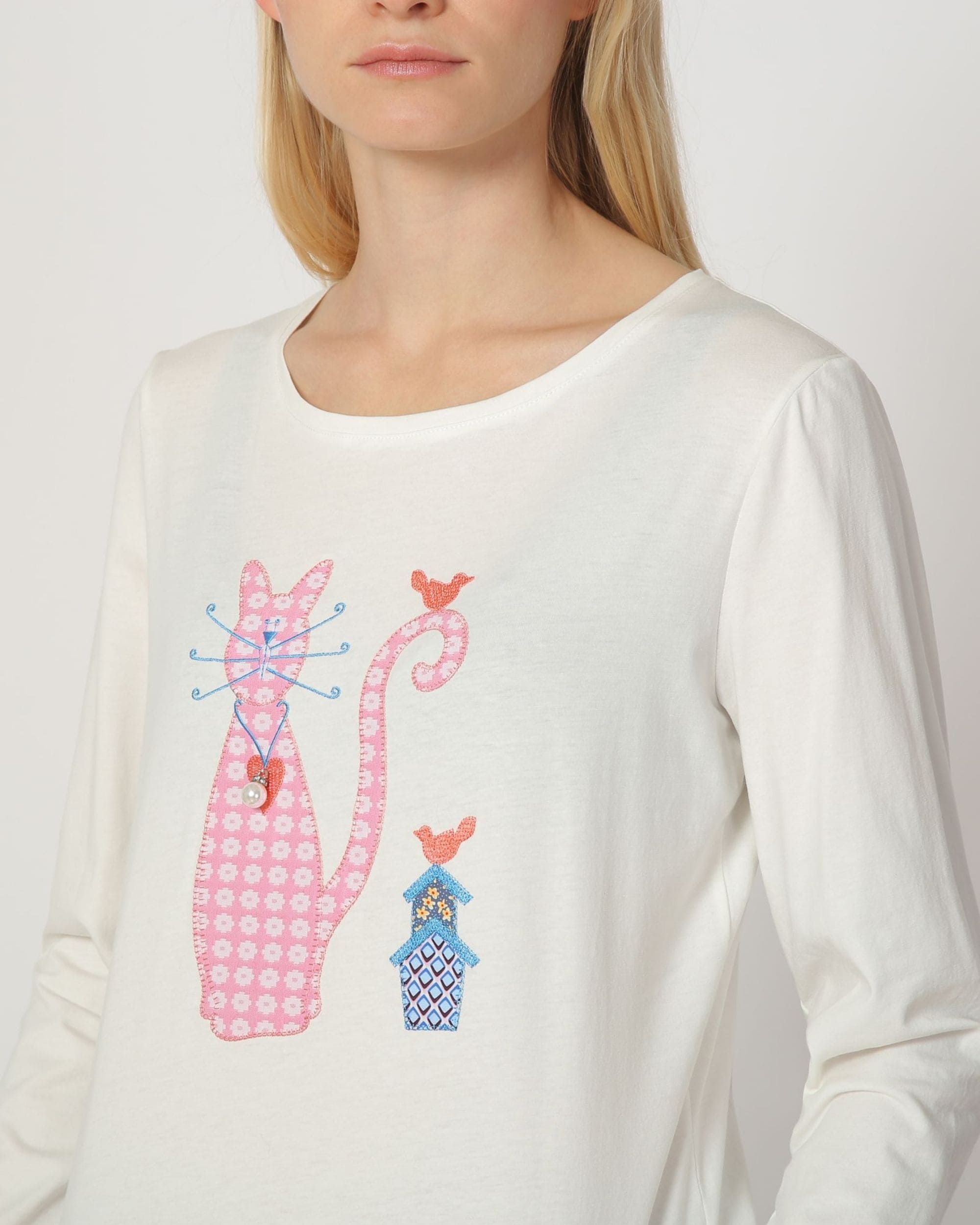 Camiseta mujer, t-shirt, top diseño bordado gatos, algodón suave, manga larga, cuello redondo, blanca, talla 38, detalle apliques original, cómoda, versátil, estilo casual, ideal entretiempo, ✅Entrega 24/48h