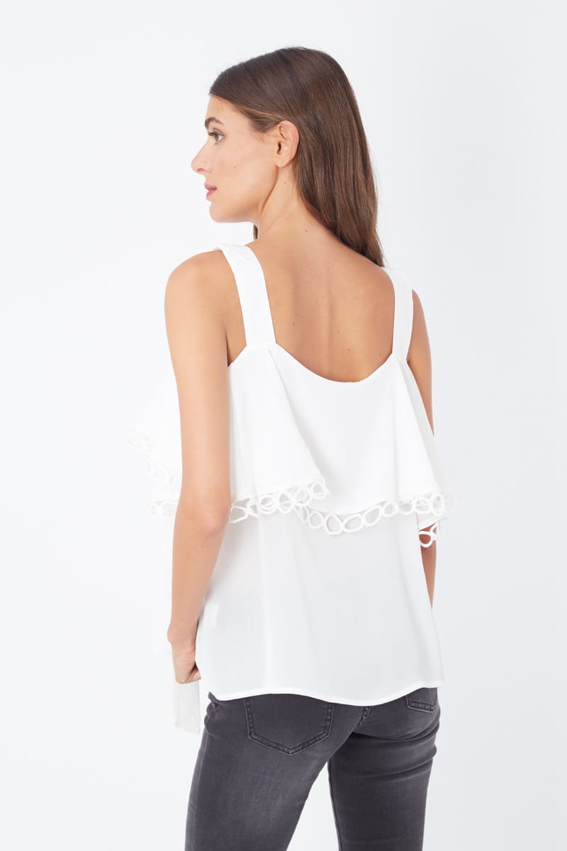 Blusa mujer volantes bordados algodón, blusa sin mangas tirantes anchos, top blanco elegante, diseño orificios, cómoda y fresca, talla 38, verano, ideal ocasiones casuales o formales ✅Entrega 24/48h