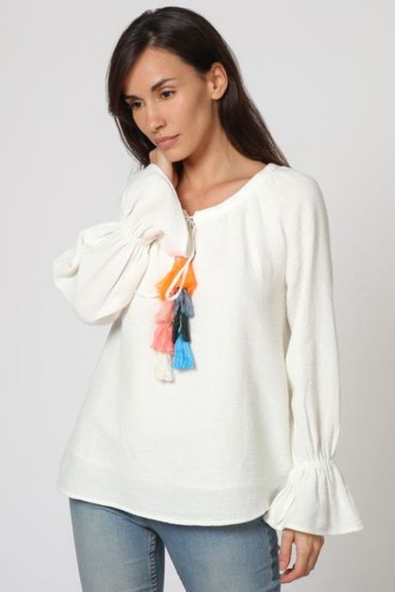 Blusa bohemia mujer, top manga larga, detalles borlas, escote redondo, puño elástico, tejido suave, estilo casual elegante, color blanco, talla 38, versátil y cómoda ✅Entrega 24/48h