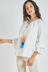 Blusa Bohemia Mujer, Top Casual, Diseño Holgado, Manga Acampanada, Volantes, Lazo Con Borlas, Tejido Ligero, Color Blanco, Talla 38, Elegante Cómoda Versátil, Look Diario Eventos ✅Entrega 24/48h