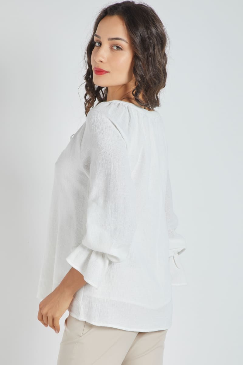 Blusa Bohemia Mujer, Top Casual, Diseño Holgado, Manga Acampanada, Volantes, Lazo Con Borlas, Tejido Ligero, Color Blanco, Talla 38, Elegante Cómoda Versátil, Look Diario Eventos ✅Entrega 24/48h