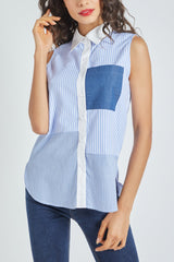 Camisa sin mangas mujer, blusa vaquera denim rayas, algodón fresco, cuello abierto, cierre frontal botones, bolsillo contraste, estilo casual moderno, talla 38, ideal verano, cómoda y versátil – Azul ✅Entrega 24/48h