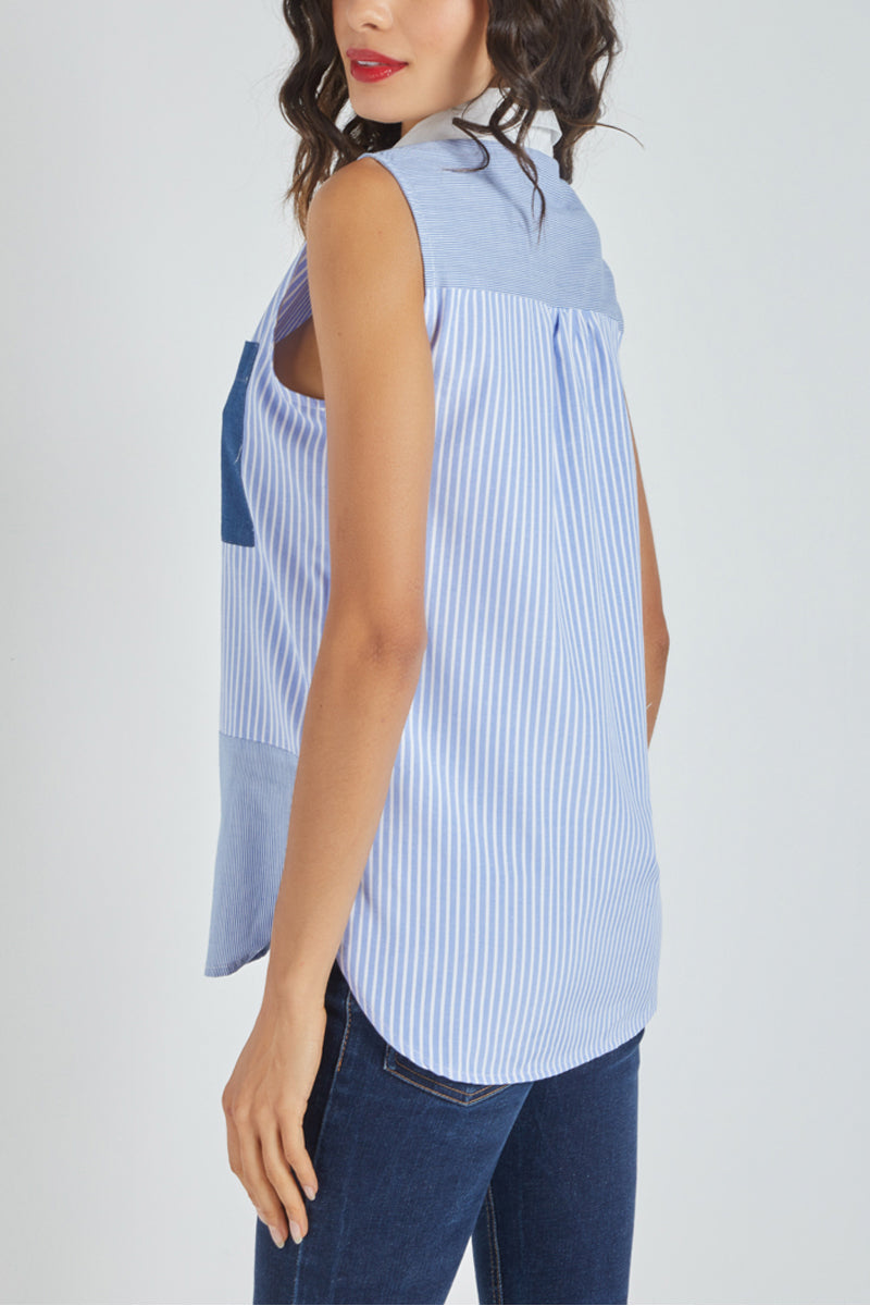 Camisa sin mangas mujer, blusa vaquera denim rayas, algodón fresco, cuello abierto, cierre frontal botones, bolsillo contraste, estilo casual moderno, talla 38, ideal verano, cómoda y versátil – Azul ✅Entrega 24/48h