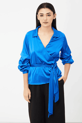 Blusa mujer tipo kimono cruzada, camisa top satén, lazo ajustable, brillo elegante, manga francesa, color azul, talla 38, ideal oficina, eventos y uso diario, look sofisticado ✅Entrega 24/48h