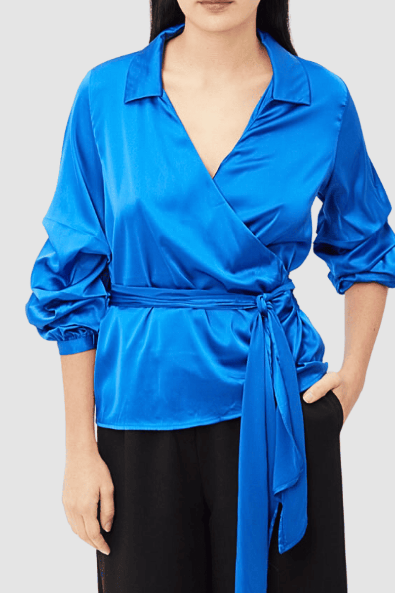 Blusa mujer tipo kimono cruzada, camisa top satén, lazo ajustable, brillo elegante, manga francesa, color azul, talla 38, ideal oficina, eventos y uso diario, look sofisticado ✅Entrega 24/48h
