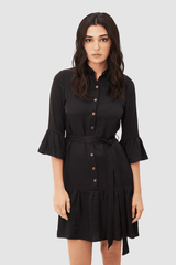 Vestido camisero elegante manga tres cuartos volantes cinturón ajustable estilo casual office dress color negro talla 38 cómodo versátil favorecedor ideal trabajo y salidas ✅Entrega 24/48h