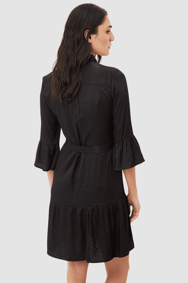 Vestido camisero elegante manga tres cuartos volantes cinturón ajustable estilo casual office dress color negro talla 38 cómodo versátil favorecedor ideal trabajo y salidas ✅Entrega 24/48h