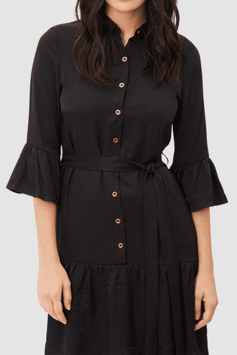 Vestido camisero elegante manga tres cuartos volantes cinturón ajustable estilo casual office dress color negro talla 38 cómodo versátil favorecedor ideal trabajo y salidas ✅Entrega 24/48h
