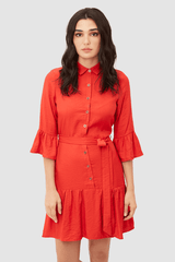 Vestido corto camisero femenino dress LA-260926 tiras anudables cintura cierre botones volantes manga 3/4 diseño elegante casual color rojo talla 38 cómodo versátil moda actual outfit ideal verano primavera ✅Entrega 24/48h