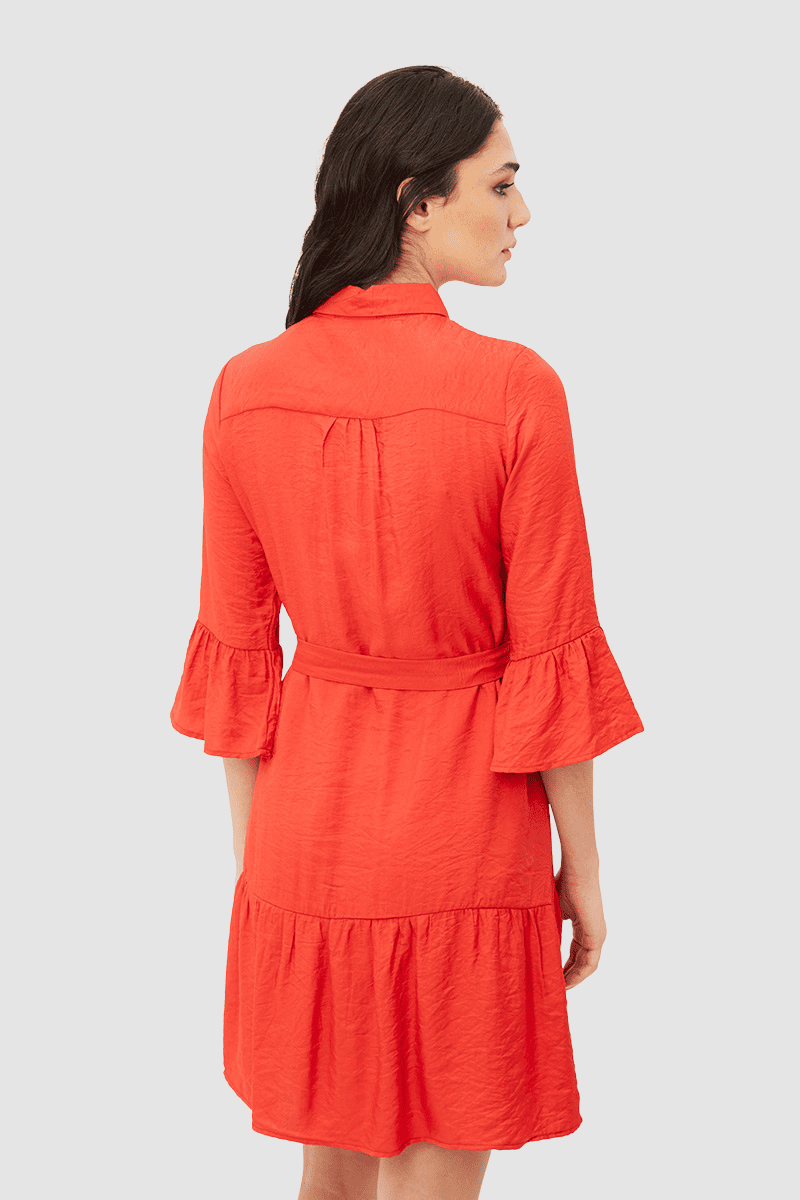 Vestido corto camisero femenino dress LA-260926 tiras anudables cintura cierre botones volantes manga 3/4 diseño elegante casual color rojo talla 38 cómodo versátil moda actual outfit ideal verano primavera ✅Entrega 24/48h