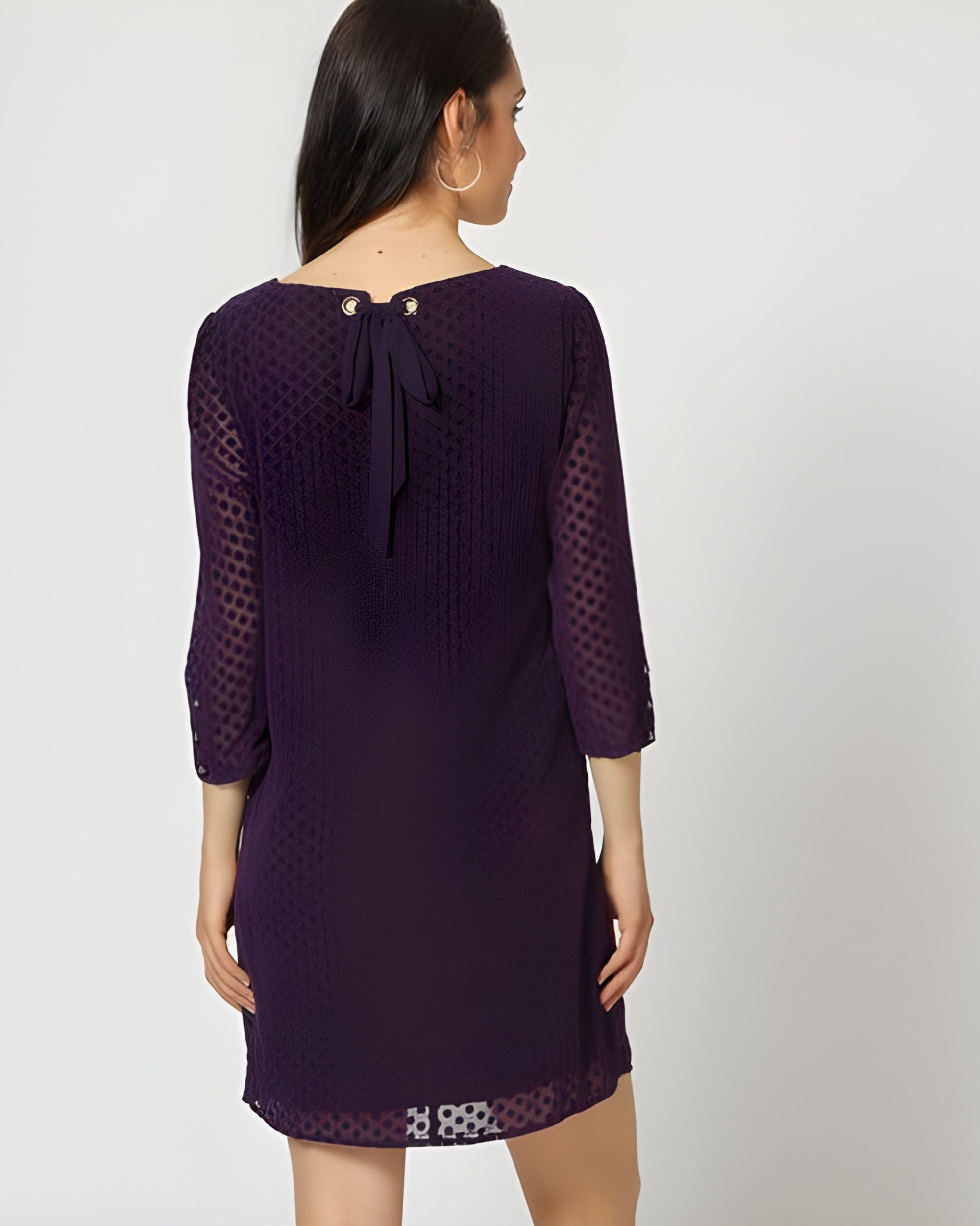 Vestido mujer diseño recto dress outfit lunares relieve tejido fluido modelo LA-260929 manga 3/4 cuello barco elegante cómodo violeta talla 38 versátil ocasión especial casual ✅Entrega 24/48h