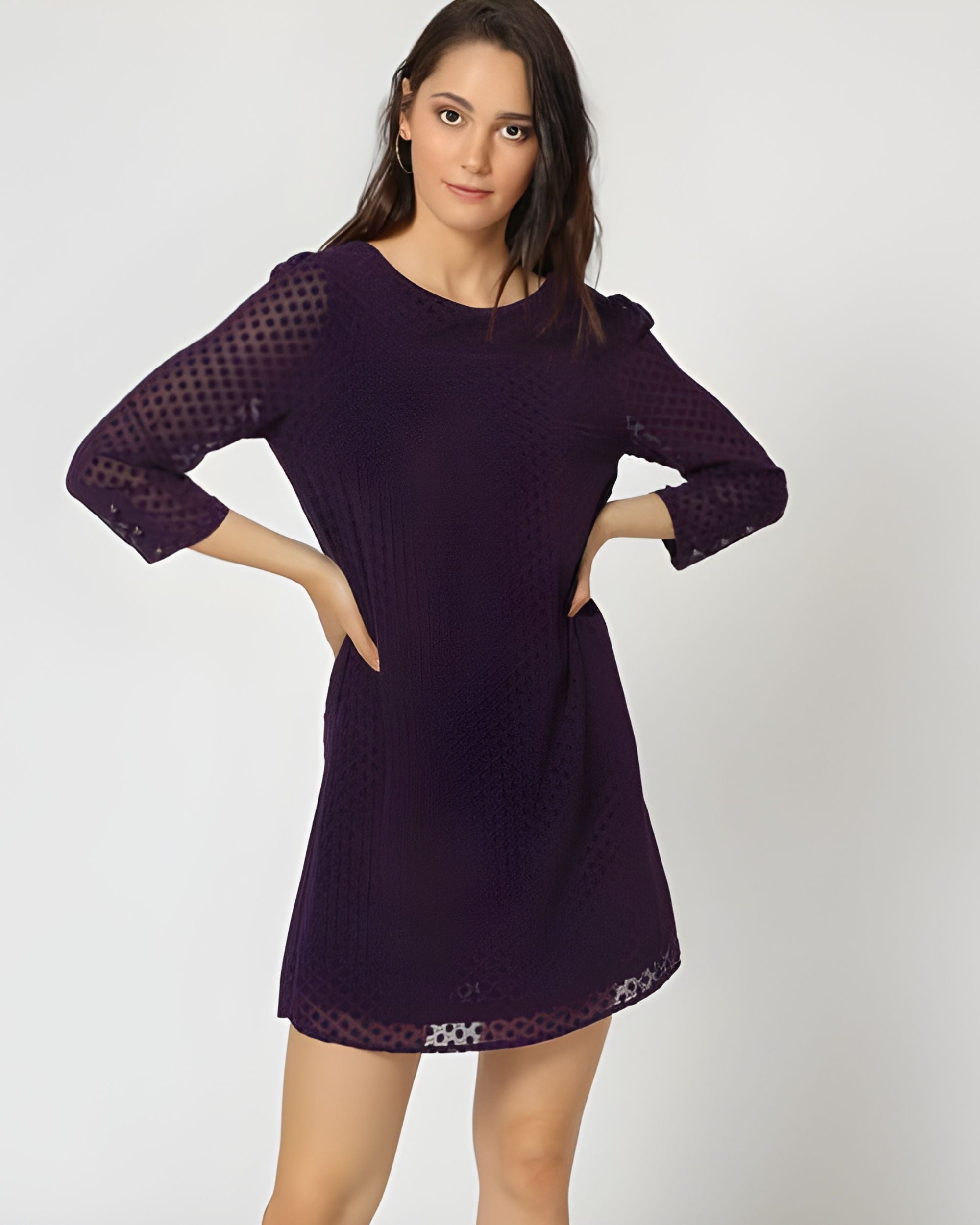 Vestido mujer diseño recto dress outfit lunares relieve tejido fluido modelo LA-260929 manga 3/4 cuello barco elegante cómodo violeta talla 38 versátil ocasión especial casual ✅Entrega 24/48h