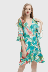 Vestido corto cruzado mujer, dress floral, estampado tropical, manga volante, corte casual, tela suave y fresca, colores verde/rosa/azul, talla 38, versátil cómodo, ideal verano ✅Entrega 24/48h