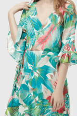 Vestido corto cruzado mujer, dress floral, estampado tropical, manga volante, corte casual, tela suave y fresca, colores verde/rosa/azul, talla 38, versátil cómodo, ideal verano ✅Entrega 24/48h