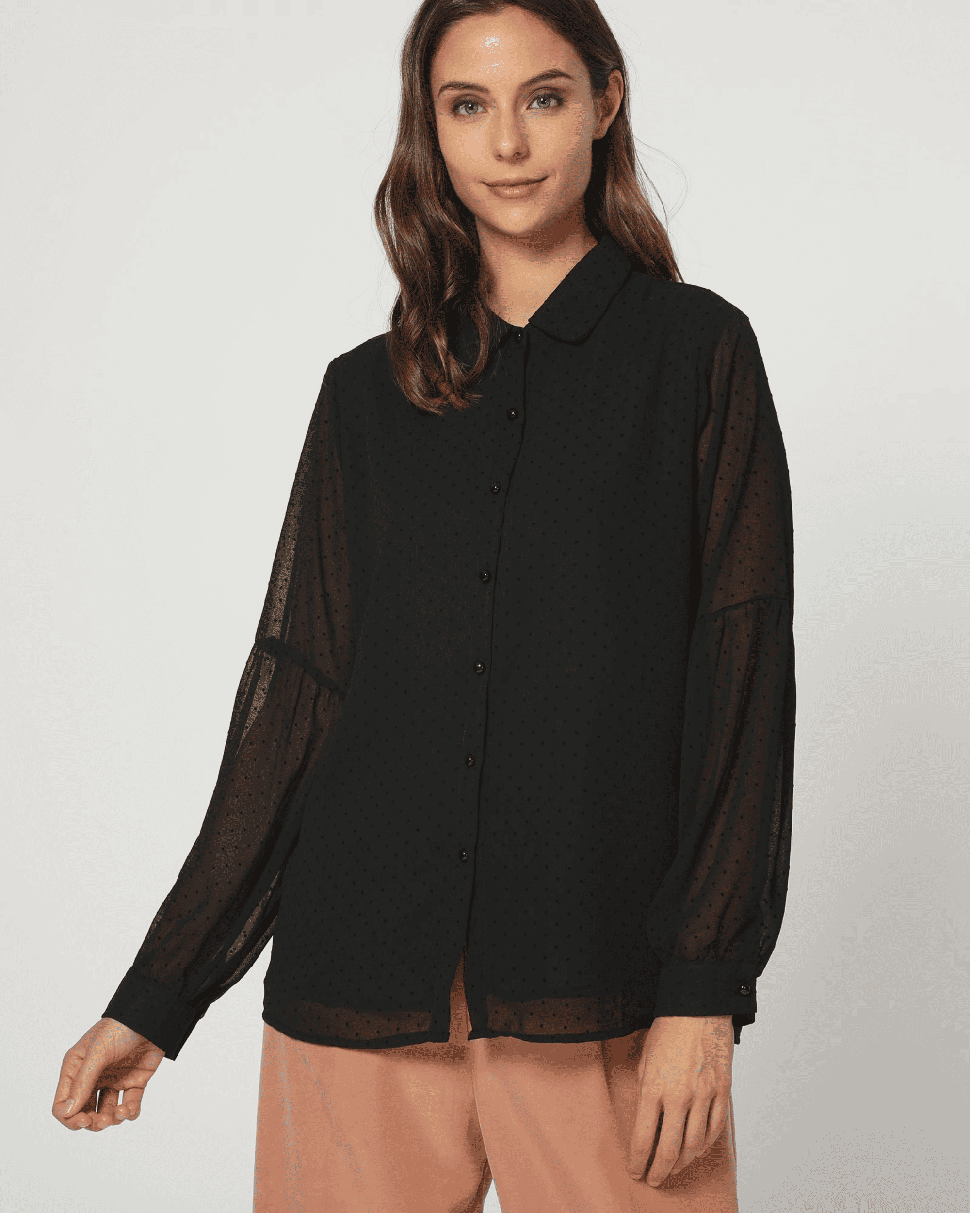 Blusa mujer manga larga ligera translúcida top elegante urbano botonadura textura sutil trabajo fiesta poliviscosa holgada negra talla 38 sofisticada cómoda versátil ✅Entrega 24/48h