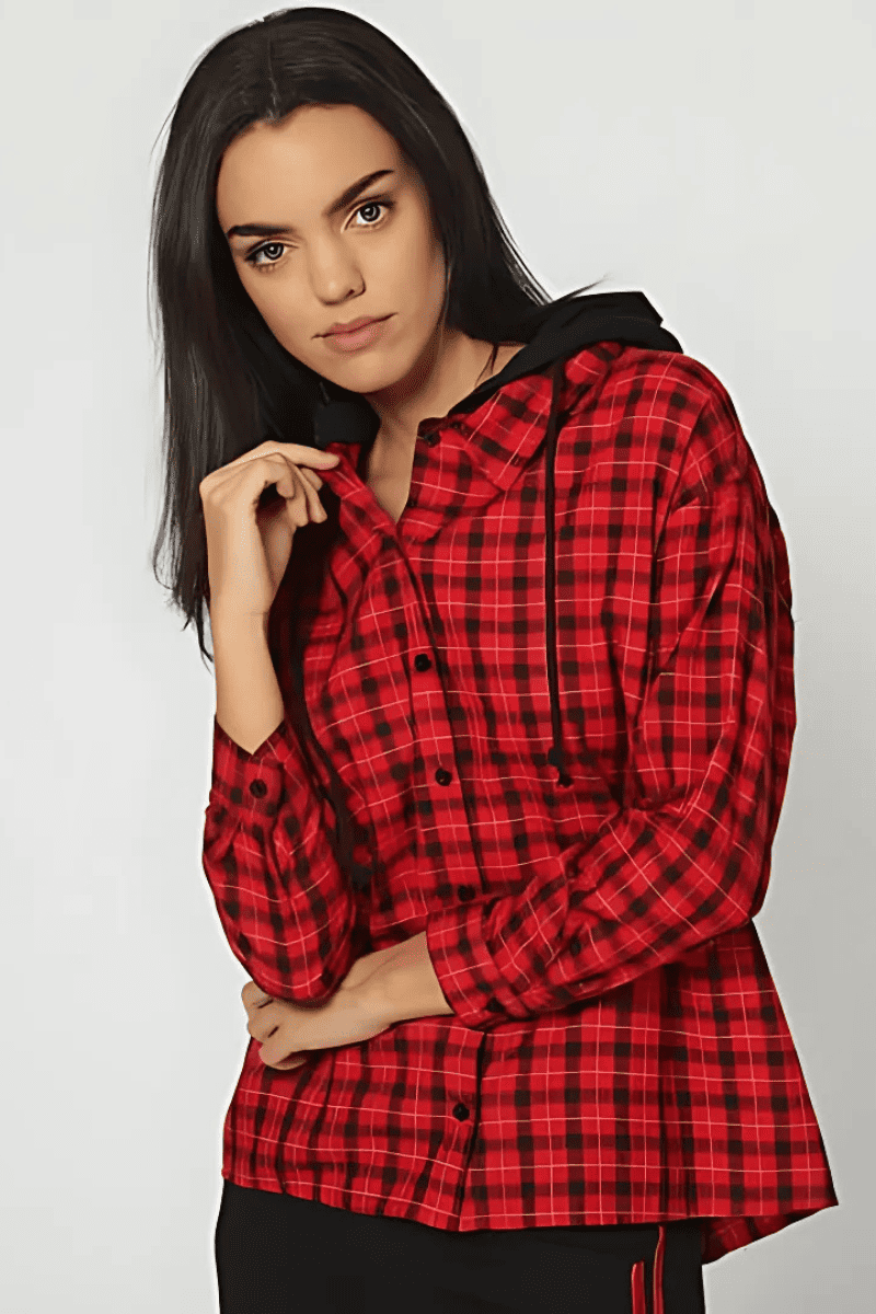 Camisa casual cuadros mujer, shirt urbana, capucha, manga larga, botones, diseño fresco, tela ligera, estilo versátil, color rojo, talla 38, urbano, informal, cómoda ✅Entrega 24/48h