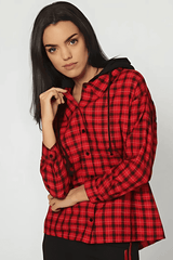 Camisa casual cuadros mujer, shirt urbana, capucha, manga larga, botones, diseño fresco, tela ligera, estilo versátil, color rojo, talla 38, urbano, informal, cómoda ✅Entrega 24/48h