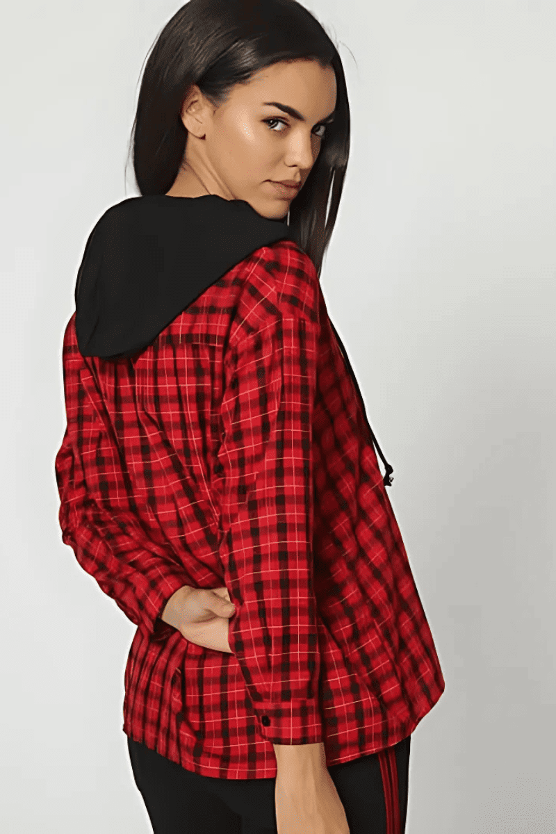Camisa casual cuadros mujer, shirt urbana, capucha, manga larga, botones, diseño fresco, tela ligera, estilo versátil, color rojo, talla 38, urbano, informal, cómoda ✅Entrega 24/48h