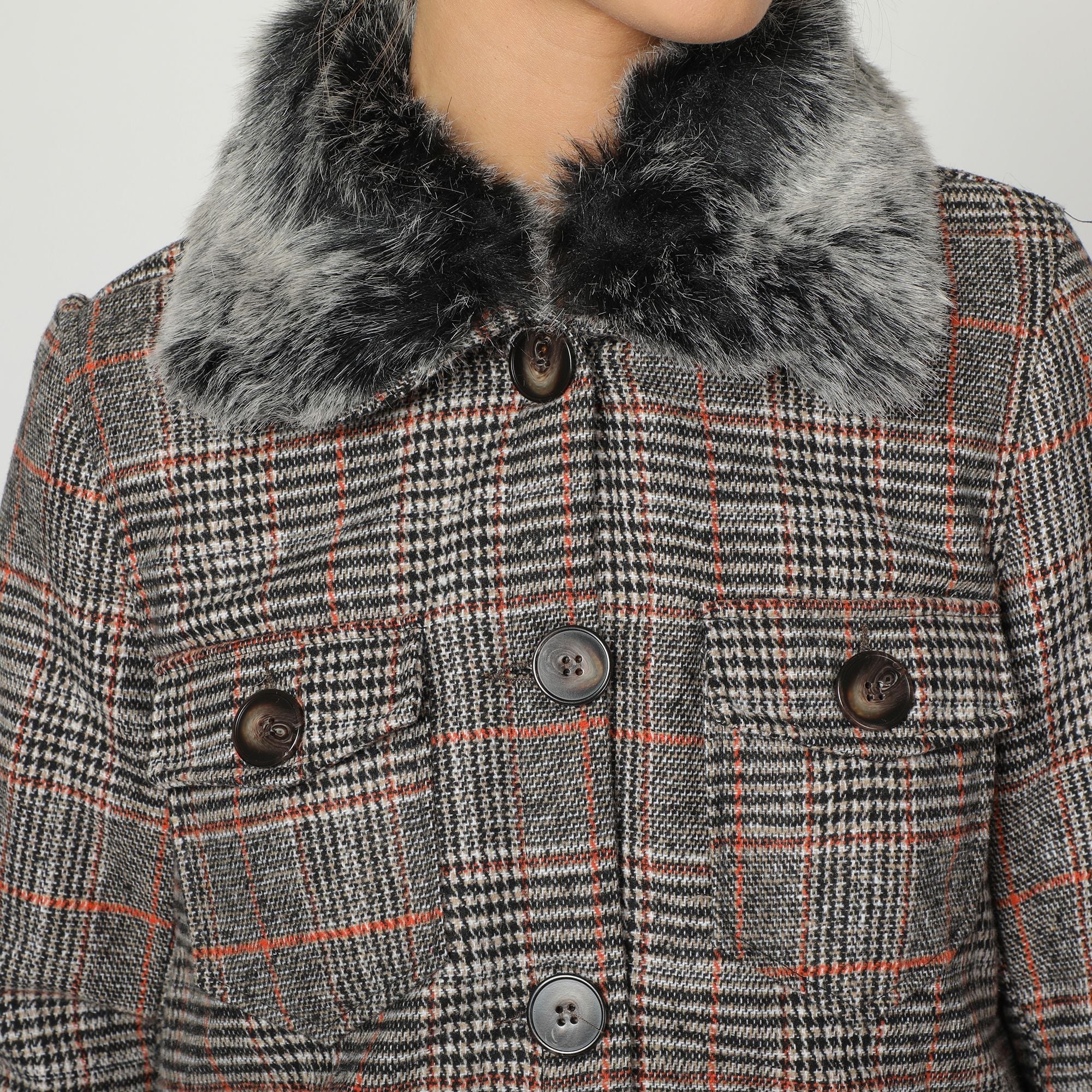 Chaqueta mujer cuadros, blazer invierno, doble botonadura, cuello pelo sintético, estilo clásico urbano, abrigo elegante cálido, color gris, talla 38, versátil, ideal trabajo o casual ✅Entrega 24/48h