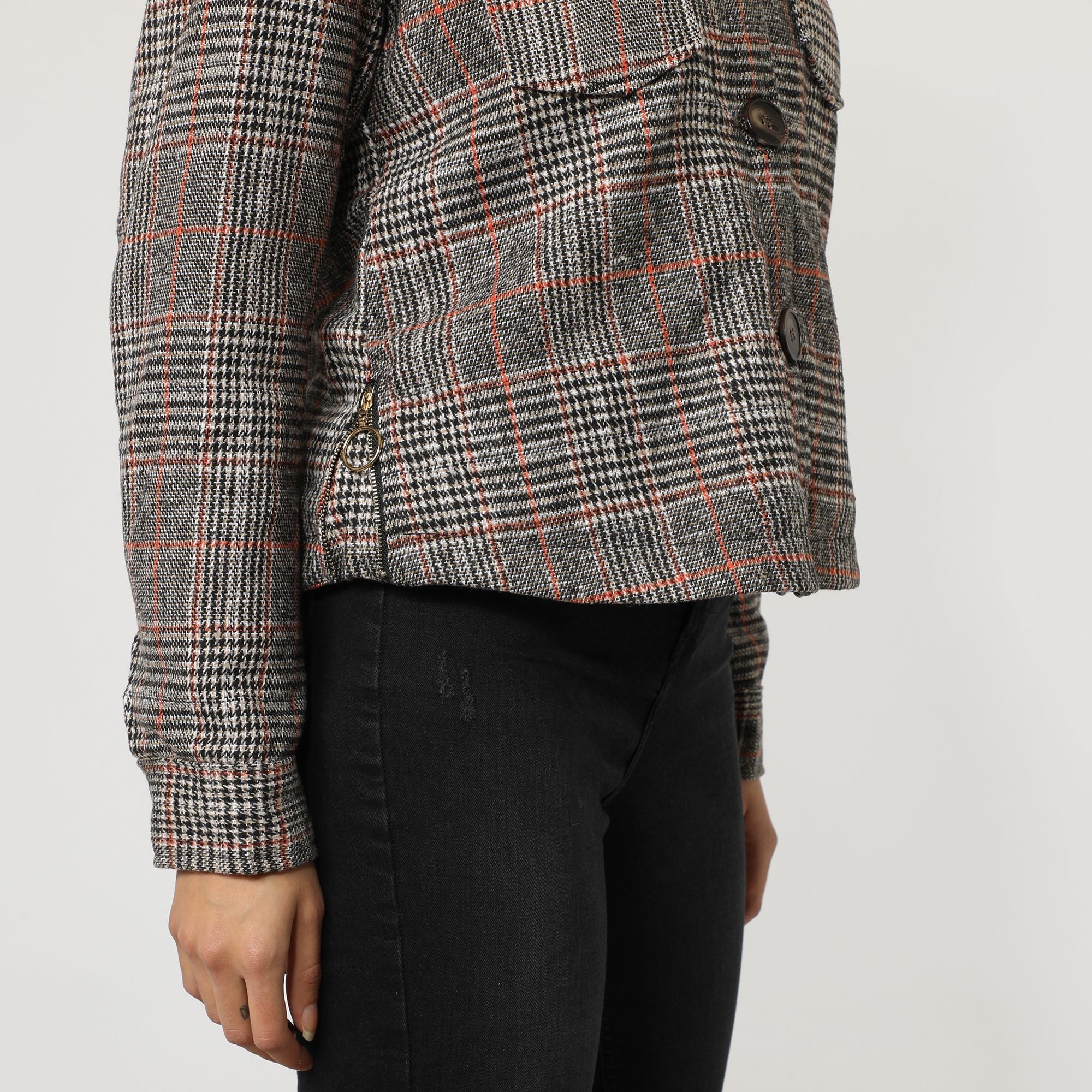 Chaqueta mujer cuadros, blazer invierno, doble botonadura, cuello pelo sintético, estilo clásico urbano, abrigo elegante cálido, color gris, talla 38, versátil, ideal trabajo o casual ✅Entrega 24/48h
